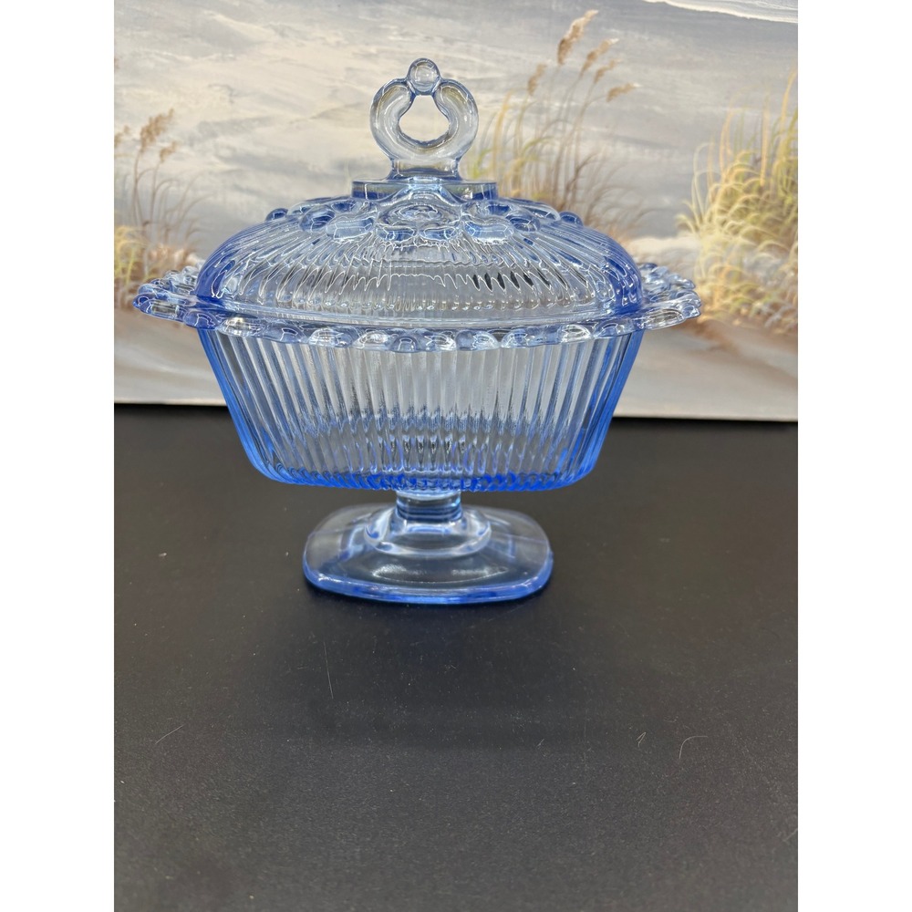 Vintage Indiana Glass Candy Dish & Lid Footed Pedestal Blue Ribbed Lace Edge - Picture 4 of 10